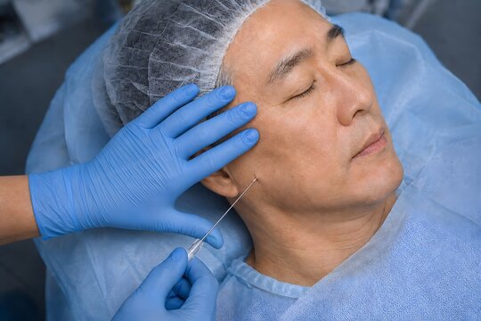 Plastic surgeon performing non surgical pdo thread lift procedure on mature male patient