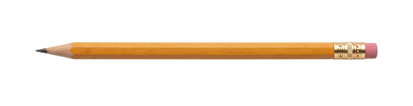 A sharpened yellow wooden pencil with a pink eraser and metal ferrule on a white background