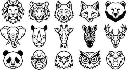 Fototapeta premium Geometric Animal Faces Collection Hand-Drawn Wildlife Line-Art Logo Set