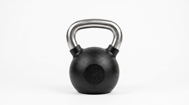 Black cast iron kettlebell weight sixteen kilograms isolated on clean white, professional gym fitness equipment, strength training exercise tool, crossfit workout gear