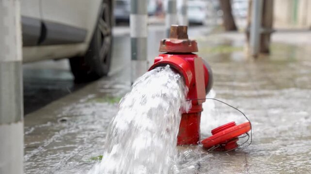 Fire hydrant releasing water on urban street