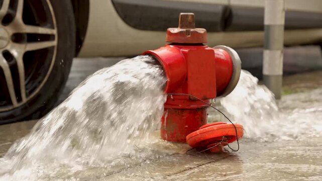 Fire hydrant releasing water on urban street