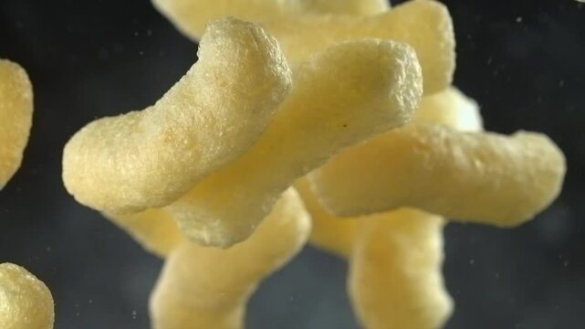 Corn sticks cheese puffs falling in super slow motion black background