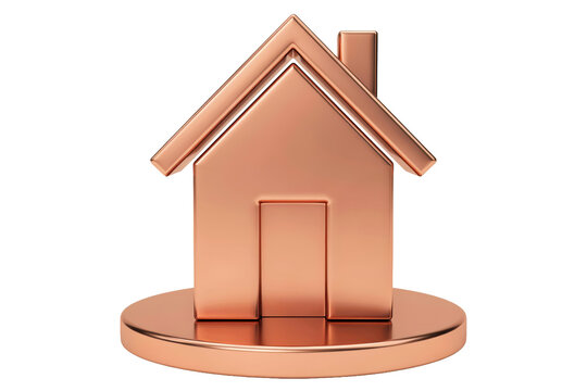 A 3 d rendered metallic copper house standing on a circular base isolated on a transparent background