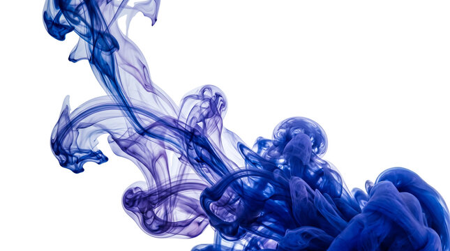 Abstract blue ink in water, swirling indigo paint clouds on white background, fluid smoke texture for artistic design projects