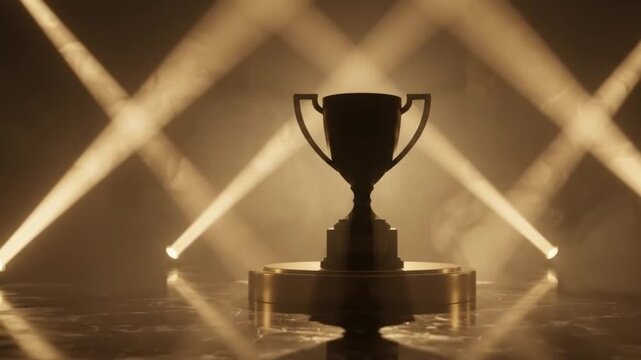 Minimalist trophy silhouette reveal on a circular pedestal with dramatic soft lighting