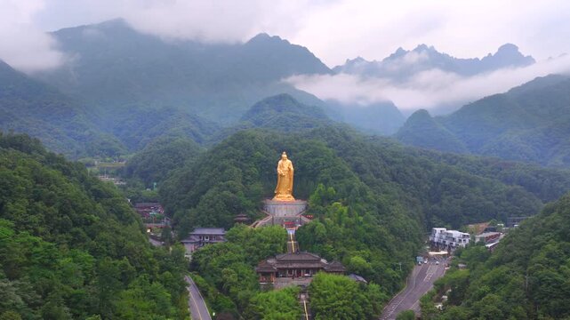 Aerial view of giant Laozi bronze statue at Laojun Mountain, Luoyang, Henan, China, the founder of Taoism and author of Tao Te Ching