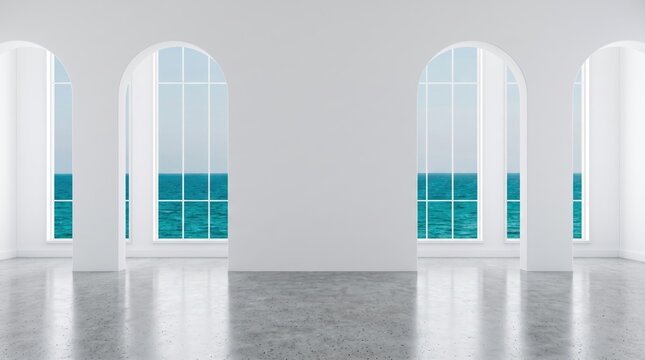 Minimalist white empty room interior with large arched windows overlooking turquoise blue sea ocean horizon, bright natural light, polished concrete floor reflection