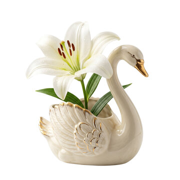 Elegant swan porcelain vase with white lily flower, vintage ceramic bird planter with gold trim, luxury home decor floral arrangement