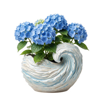 Ocean wave ceramic vase with blue hydrangea flowers, coastal pottery planter, nautical floral arrangement on white background