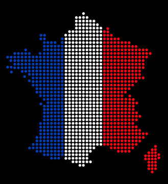 dotted map of france filled with french flag colors on black background vector design