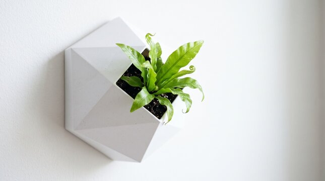 Minimalist white geometric wall planter with a small green fern plant