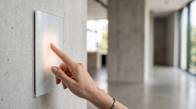 A woman pressing a glass touch screen smart home light switch on a wall