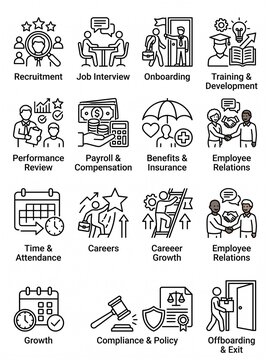 Human resources and business management solid icon set containing icons for recruitment, job interview, onboarding, payroll compensation, benefits, and employee relations for HR platforms