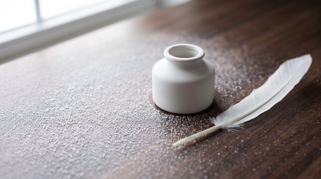 A white quill pen and an inkwell resting on a wooden table near a window