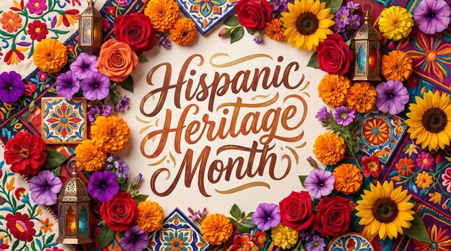 &ldquo;Hispanic Heritage Month&rdquo; lettering with vibrant Spanish cultural decorations, colorful flowers, festive patterns