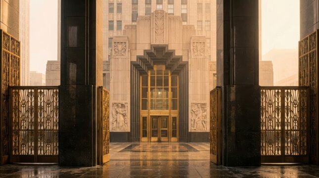 Grand art deco building entrance with golden gates and ornate facade in morning light. Luxury vintage architecture with geometric ornaments and stone