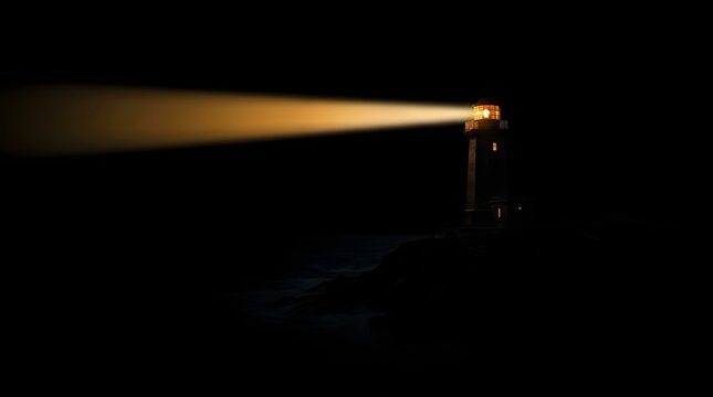 Lighthouse casting a strong horizontal beam of warm light through deep black night, symbolizing guidance, navigation, hope, and safety.