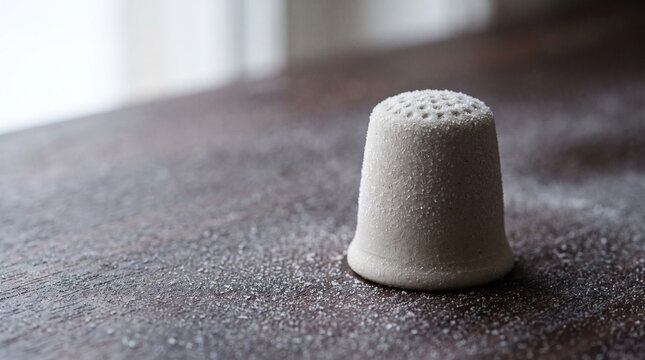 A vintage metal sewing thimble sitting on a wooden surface covered in dust