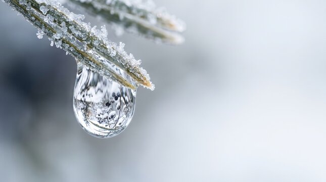 A single crystal clear water drop hanging from a frost covered pine needle
