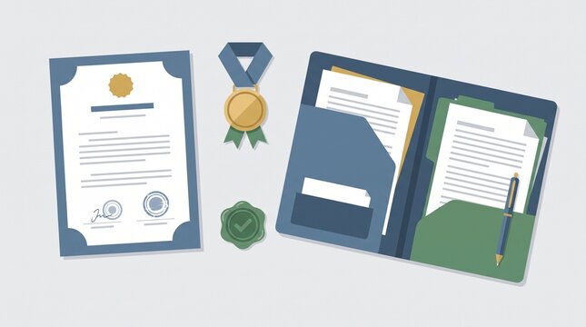 A flat illustration of a formal business certificate a gold medal with open document folder containing papers pen arranged light background qualification certification professional