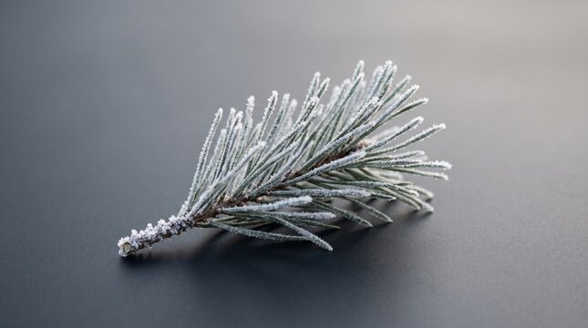 A single frosted pine needle branch isolated on a dark gray background