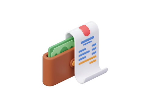 3d wallet with money and receipt isolated on transparent background