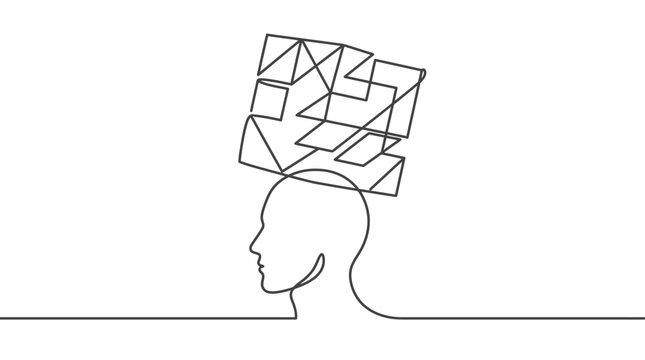 Mental confusion illustrated by a human head silhouette with a tangled geometric shape above.
