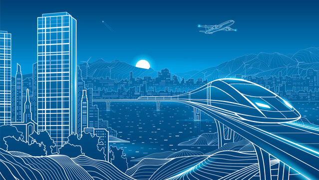 Futuristic high speed train traveling on an elevated railway through a modern smart city with skyscrapers, mountains, wind turbines and airplane. Concept of future transportation
