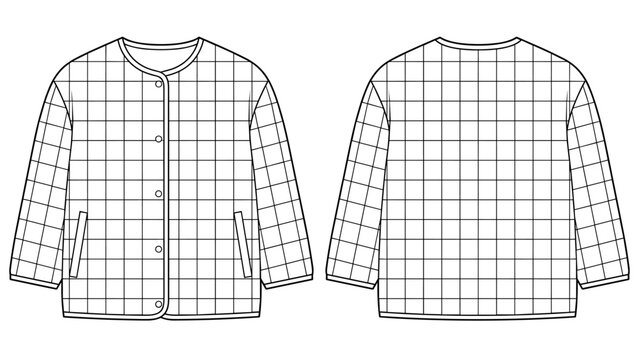Unisex grid quilted padded liner jacket long sleeve collarless down jacket flat sketch front and back view vector template