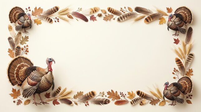 Thanksgiving border with turkeys and autumn leaves on ivory background
