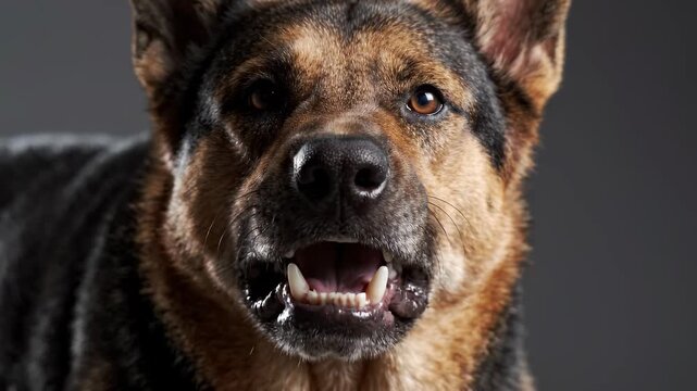 German Shepherd displays intense defensive aggression with lips fully pulled back revealing large teeth in deep snarl. Hard amber eyes locked in direct unwavering stare. Guard dog warning concept