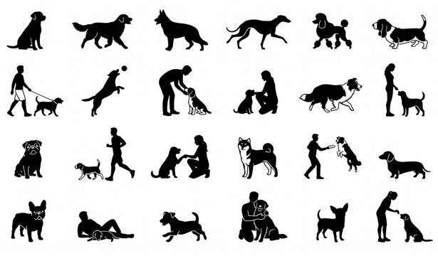Black dog and people silhouette icon collection with pet owner walking and activity vector symbols