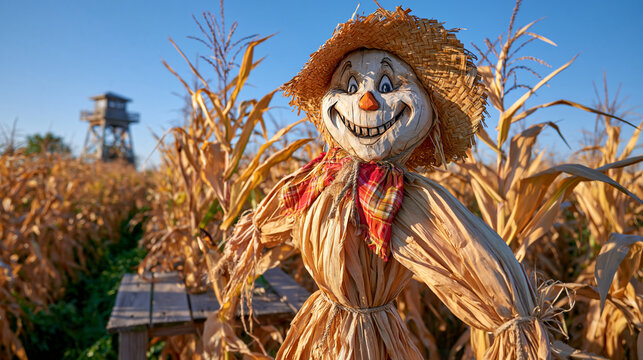 Wide panoramic view across an autumn corn maze with a smiling wooden scarecrow positioned on a rustic platform among the corn, tall golden stalks stretching toward the horizon, wooden watchtower sil