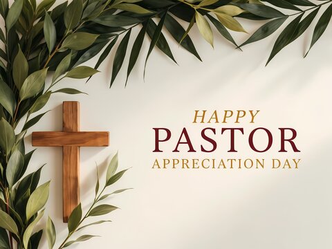 Happy pastor appreciation day greeting card with a wooden cross and green leaves frame for religious church celebration and gratitude event