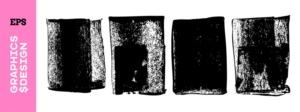 Hand drawn ink roller texture banners. Grunge stamp shapes with linocut  texture. Hand crafted letterpress geometric forms. Rough detailed vintage poster set. Vector illustration
