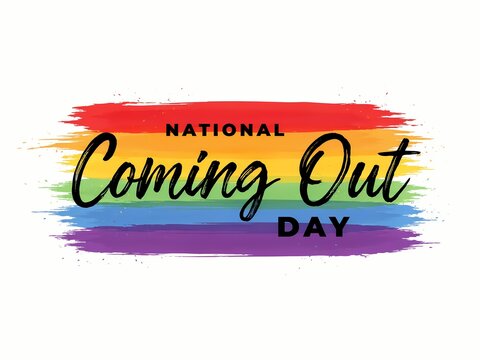 National coming out day text with colorful rainbow paint brush strokes background for lgbtq pride celebration
