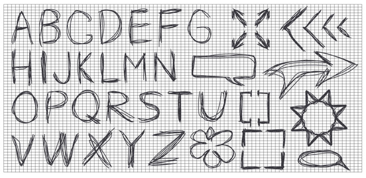 Drawing of letters and shapes on a grid showing different designs and styles for letters and symbols