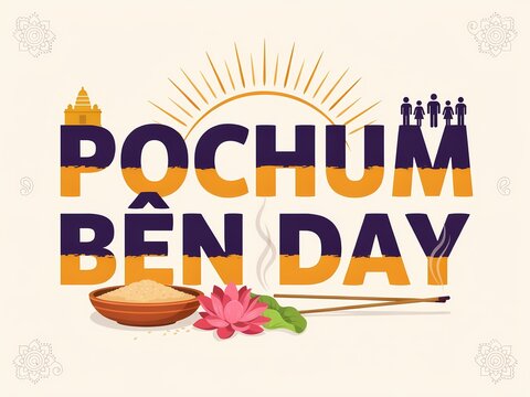 Pochum ben day vietnamese buddhist festival text design with lotus flower and incense sticks for religious celebration
