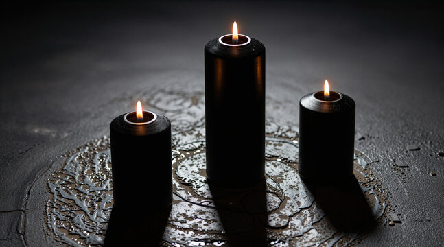 Three Burning Black Pillar Candles on Textured Stone Surface with Warm Flickering Flames and Dark Background with Copy Space. Gothic Black Candles Trio Still Life on Dark Slate Background