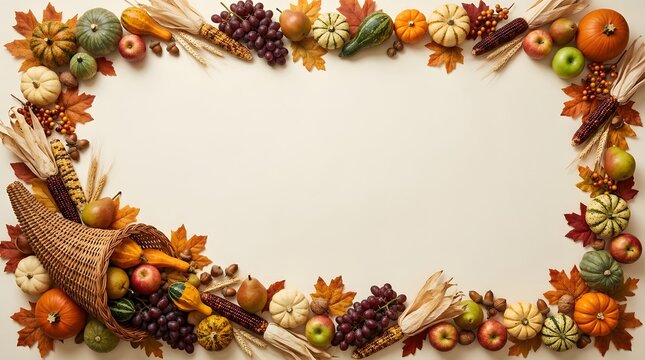 Thanksgiving cornucopia border frame with autumn harvest fruits and vegetables on white.