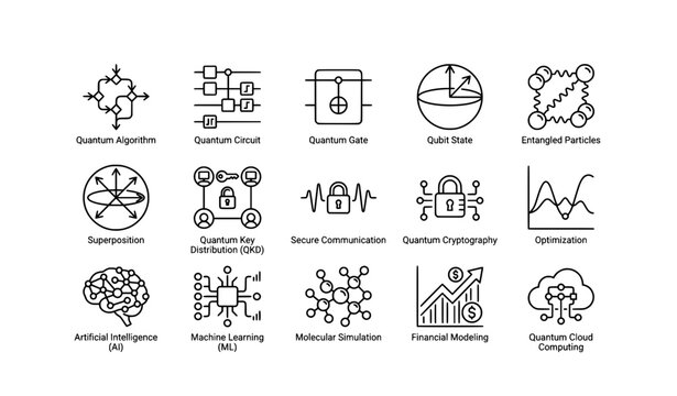 Quantum Computing Algorithms Cryptography AI and Cloud Technology Line Icons