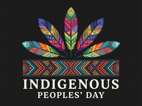 Colorful feathers and geometric patterns for indigenous peoples day celebration with decorative tribal symbols on a dark background