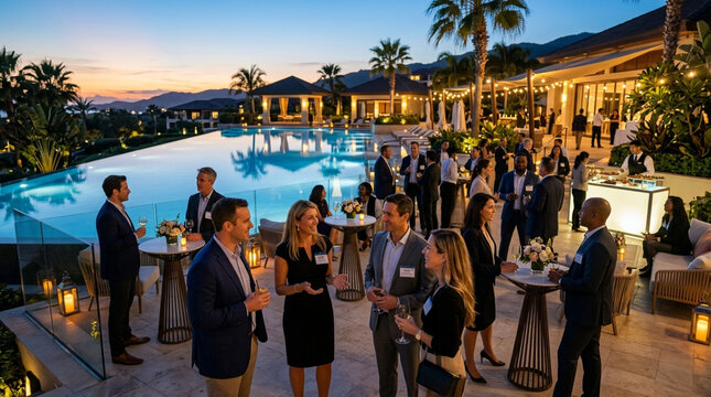 Professional Business Networking Event at Luxury Poolside Resort during Sunset