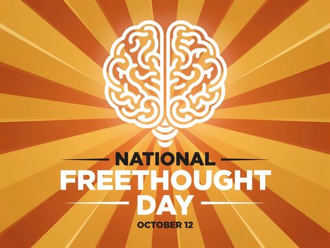 National freethought day poster with a brain illustration and sunburst background celebrating october 12th for critical thinking and logic awareness