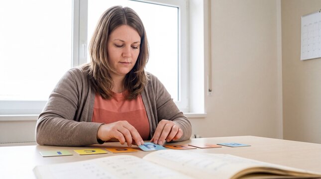 Lehrerin ordnet Buchstabenkarten f&uuml;r Lesef&ouml;rderung bei Legasthenie