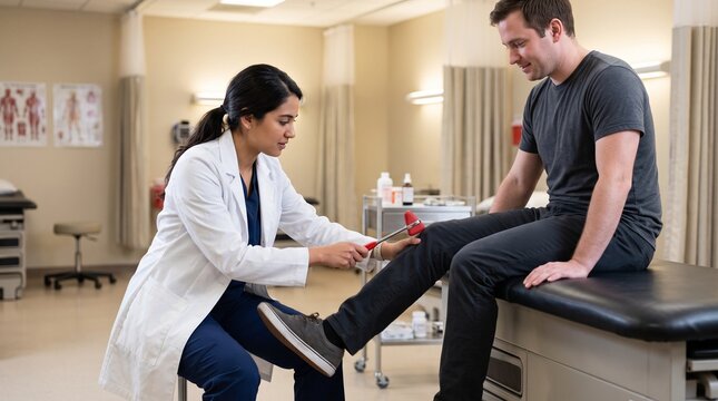 Female doctor performing patellar reflex test on male patient using reflex hammer in clinic, depicting neurological physical examination and medical checkup procedure