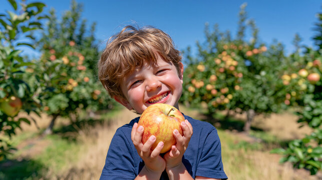 Little child viewed from behind enjoying a freshly picked yellow apple in an autumn orchard, apple held close to his face, rows of apple trees illuminated by bright sunshine, clear cloudless sky abo
