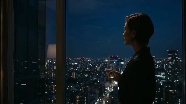 Eine Frau steht am Fenster und blickt auf die n&auml;chtliche Skyline einer Gro&szlig;stadt.