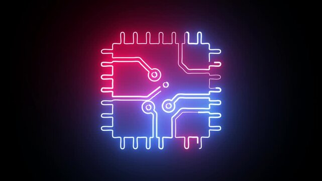 Blue and red neon glowing cpu microchip icon on dark background futuristic